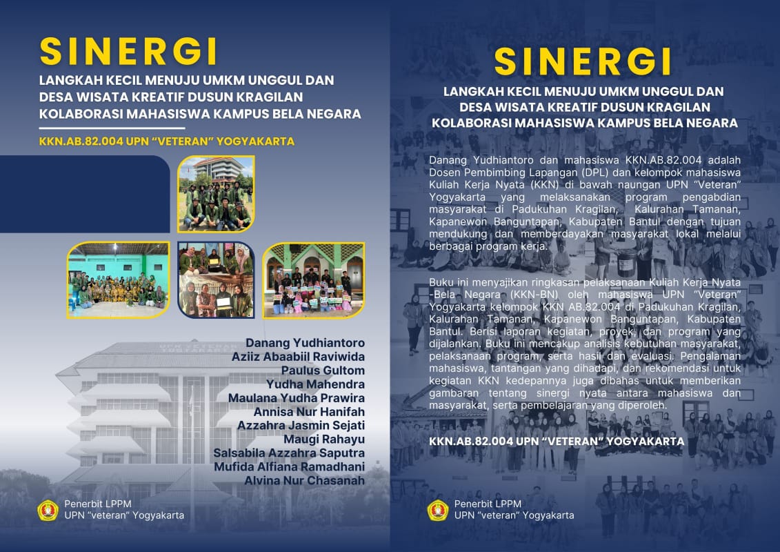 Cover Buku Sinergi Langkah Kecil Menuju UMKM Unggul dan Desa Wisata Kreatif Dusun Kragilan Kolaborasi Mahasiswa Kampus Bela Negara